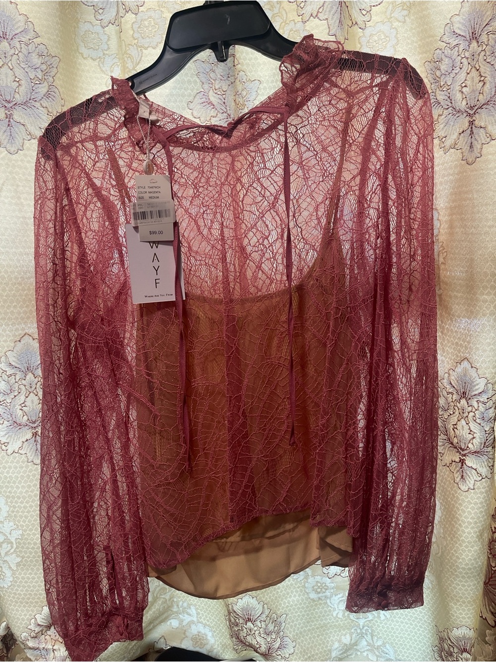 Wayf Burgundy Lace Sheer Long-Sleeve Blouse with Attached Cami